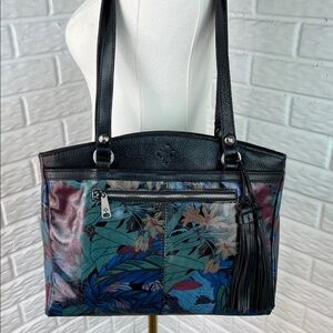 PATRICIA NASH POPPY TOTE BLACK LEATHER LEAF PATTERN TASSEL 3 COMPARTMENTS